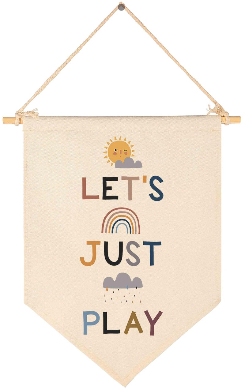 Topthink Let‘s Just Play -Canvas Hanging Flag Banner Wall Sign Decor Gift for Baby Kids Gril Boy Nursery Teen Room Front Door - Sun,Rainbow, Dark Clouds, Rains - Image 1